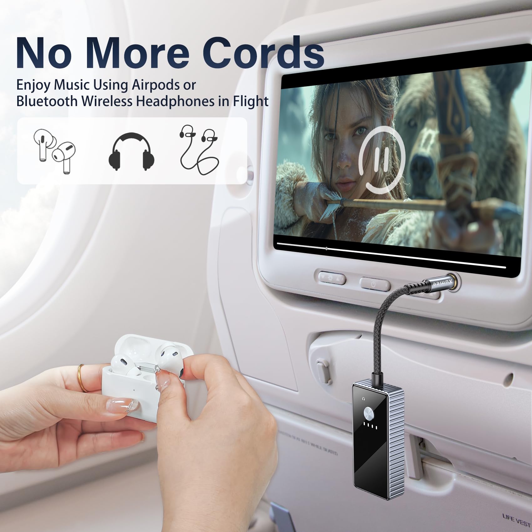 Xumee Airplane Bluetooth 5.2 Transmitter for 2 AirPods or Headphones, aptX Low Latency, 3.5mm AUX Jack & Bluetooth Receiver – Wireless Audio Adapter for Plane Travel, TV, Gym,Car,Speakers (Grey)