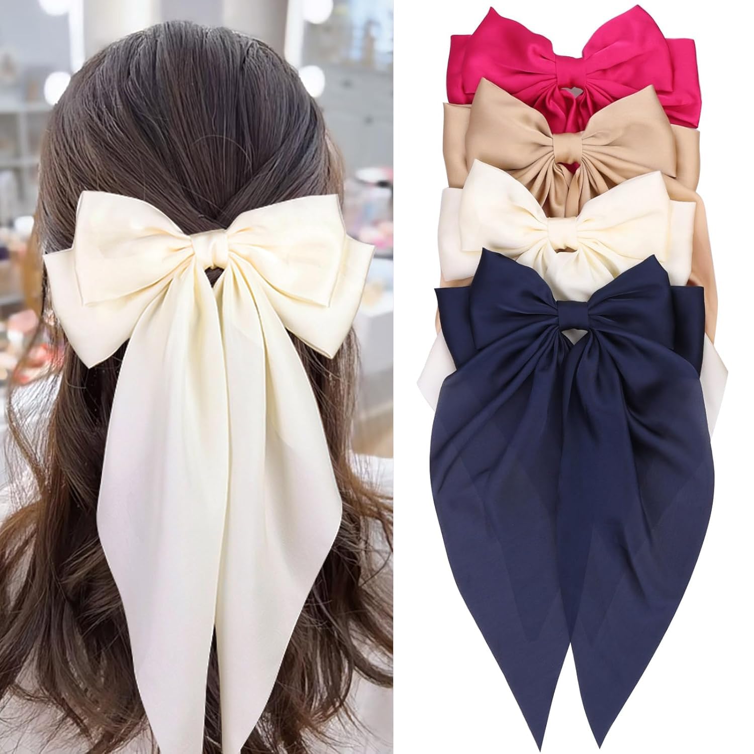 Kesfey 4 PCS Big Bow Hair Clips Hair Barrettes for Women, Big Hairpin French Hair Clips with Ribbon and Soft Satin Silky Solid Color Hair Bows(Khaki, Navy Blue, Rose and Beige)
