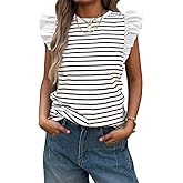 Mieazom Women's Ruffle Cap Short Sleeve Striped T Shirts Summer Casual Loose Fit Top Basic Tee Tunic Tops