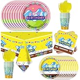 81pcs Yellow Cartoon Party Supplies Tableware Plates Napkins Cups Fork and Tablecloth，Yellow Theme Birthday Party Decoration