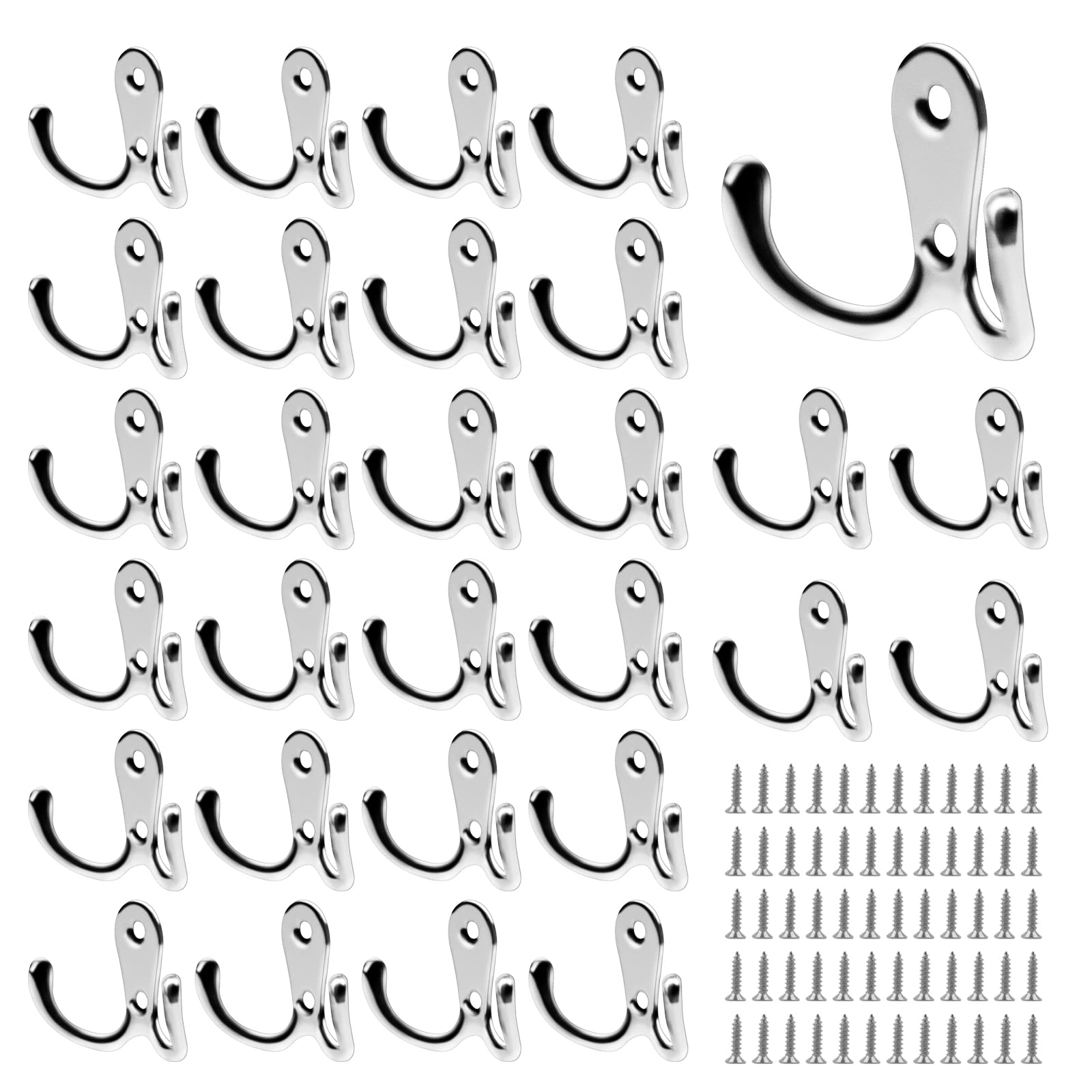ZEONHAK 30 PCS Silver Double Prong Hooks, 55x41mm Dual Coat Hooks, Matel Double Prong Hooks with 60 Screws for Door Clothes Scarf Bag Hat, Silver