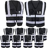 Bgtecho 10 Pack Reflective Vests, Black High Visibility Reflective Vest, Construction Vest with Pockets and Zipper, Work Vests for Men Women
