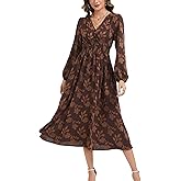 Kormei Womens Boho Floral Long Sleeve Maxi Dress V Neck Empire Waist Fall Wedding Guest Dresses with Pockets