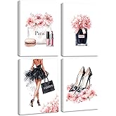 Drsoum Glam Fashion Makeup Room Decor Framed Pink Beauty Girly Elegantes Bathroom Wall Art Perfume Handbags High Heels Pictures Bedroom Dorm Decorations Ready to Hang 8x10inx4pcs (Framed)