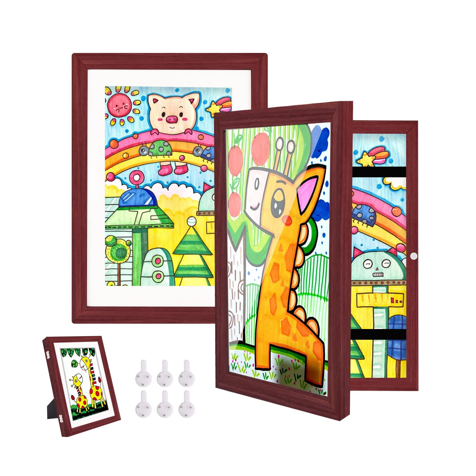 Hipsignal Kids Art Frames, 2 Pack A4 Photo Frame for 150 Pictures, Fillable Front Opening Kids Artwork Display Frame with Mount for Hang or Stand Display Children's Drawings, Art Projects (Mahogany)