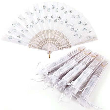 Surepromise 10 x Weiss HANDFÄCHER TASCHENFÄCHER STOFFFÄCHER mit 10 Organzabeutel Hochzeit Party Gastgeschenk