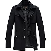 chouyatou Men's Stand Collar Wool-Blend Classic Pea Coat with Removable Inner Collar