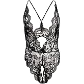 GENEMEN Mens Lace Bodysuit Sexy Mesh Sheer One Piece Swimsuit Sissy Thong Leotard Jumpsuit