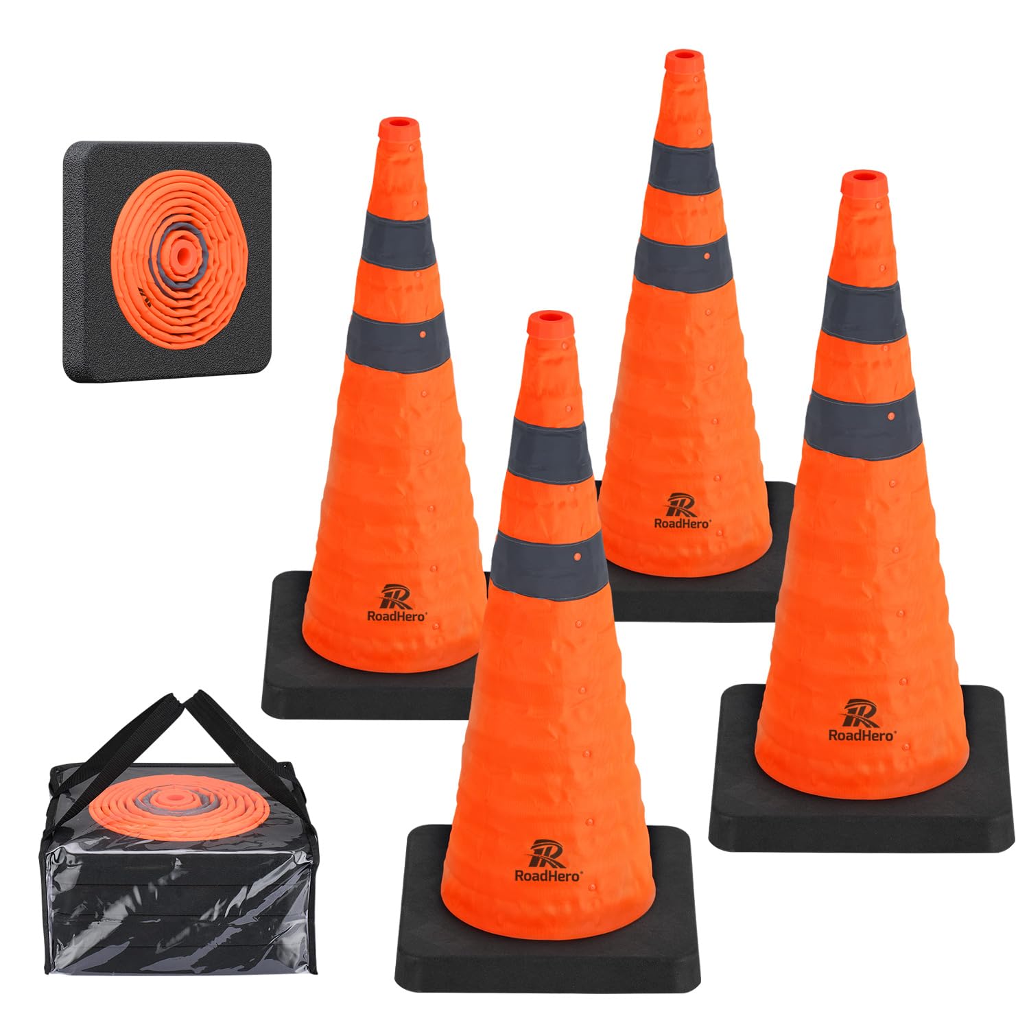 Photo 1 of RoadHero 28 Inch Collapsible Traffic Safety Cones with Black Weighted Base, Construction Orange Cones with Reflective Collars for Road Safety, Driving Training, Parking Lots, 4 Pack