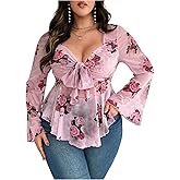 BEAUDRM Women's Plus Size Floral Print Tee Shirt Y2k Bow Tie Knot Long Sleeve Deep V Neck Fitted Tops