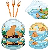Rakuto Capybara Birthday Party Decorations, 96PCS Disposable Capybara Plates and Napkins Forks, Cute Animals Themed Dinnerware Set Tableware Supplies Serve 24