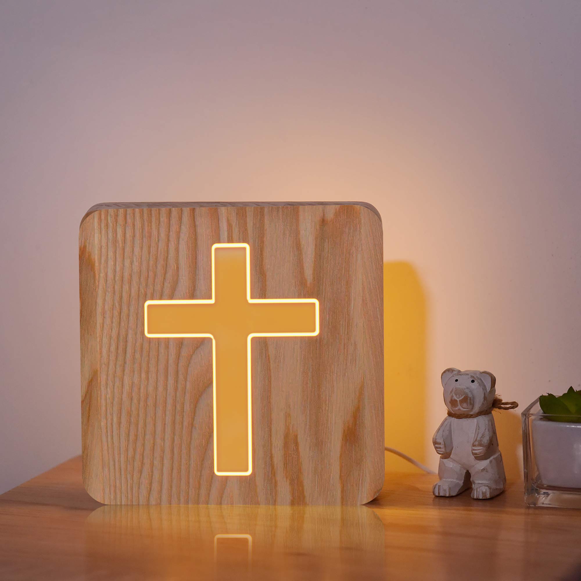 CooPark Cross Wooden Lamp, Christian Blessed LED Table Night Light, Optical Home Room Decoration, Best Valentine's Day Birthday Gift for Retirement Women Friend