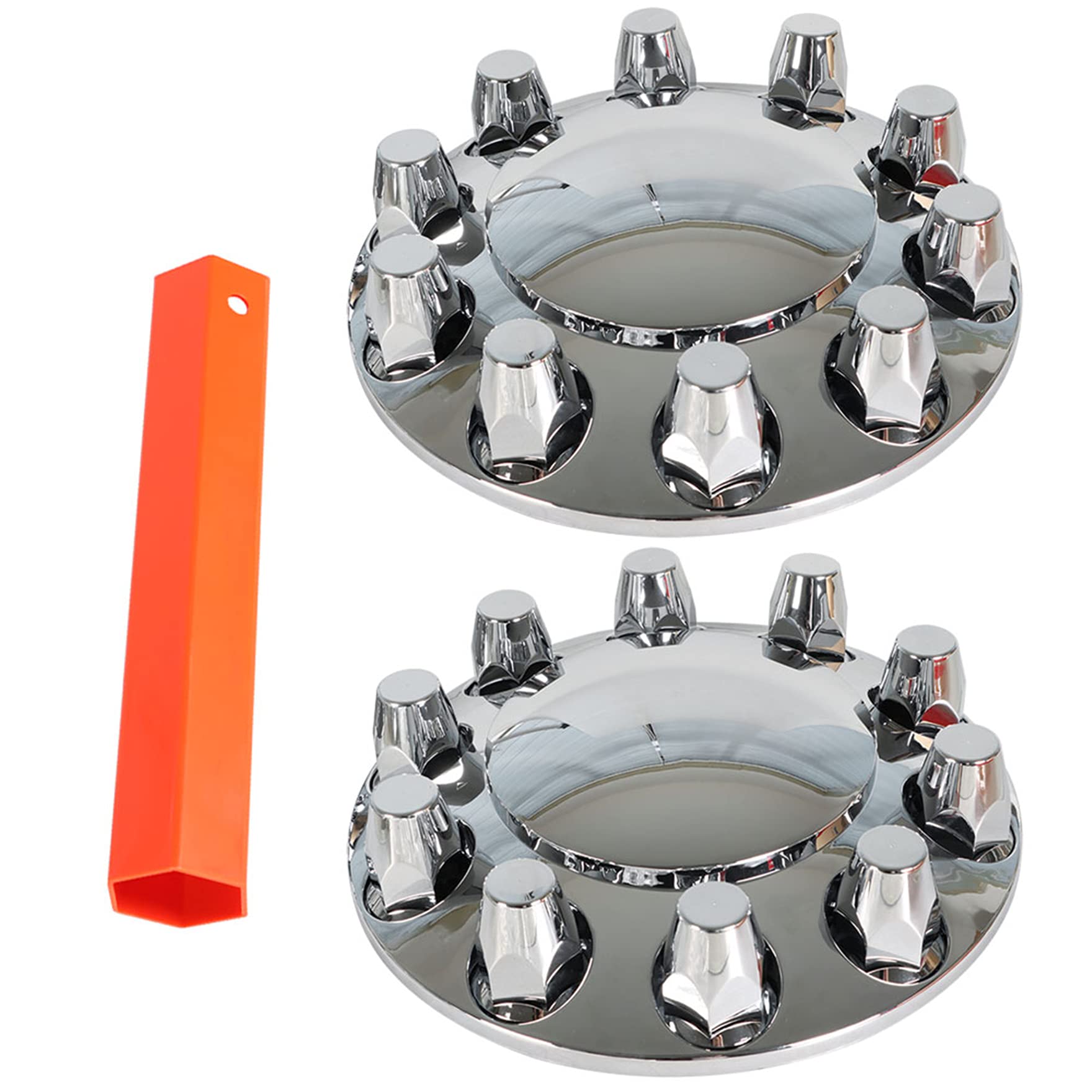 Photo 1 of 2 Chrome Front Hub Axle Cover Center Caps with 33mm Lug Nut Covers Replacement for Semi Truck 20 in, 22.5 in and 24.5 in Wheels