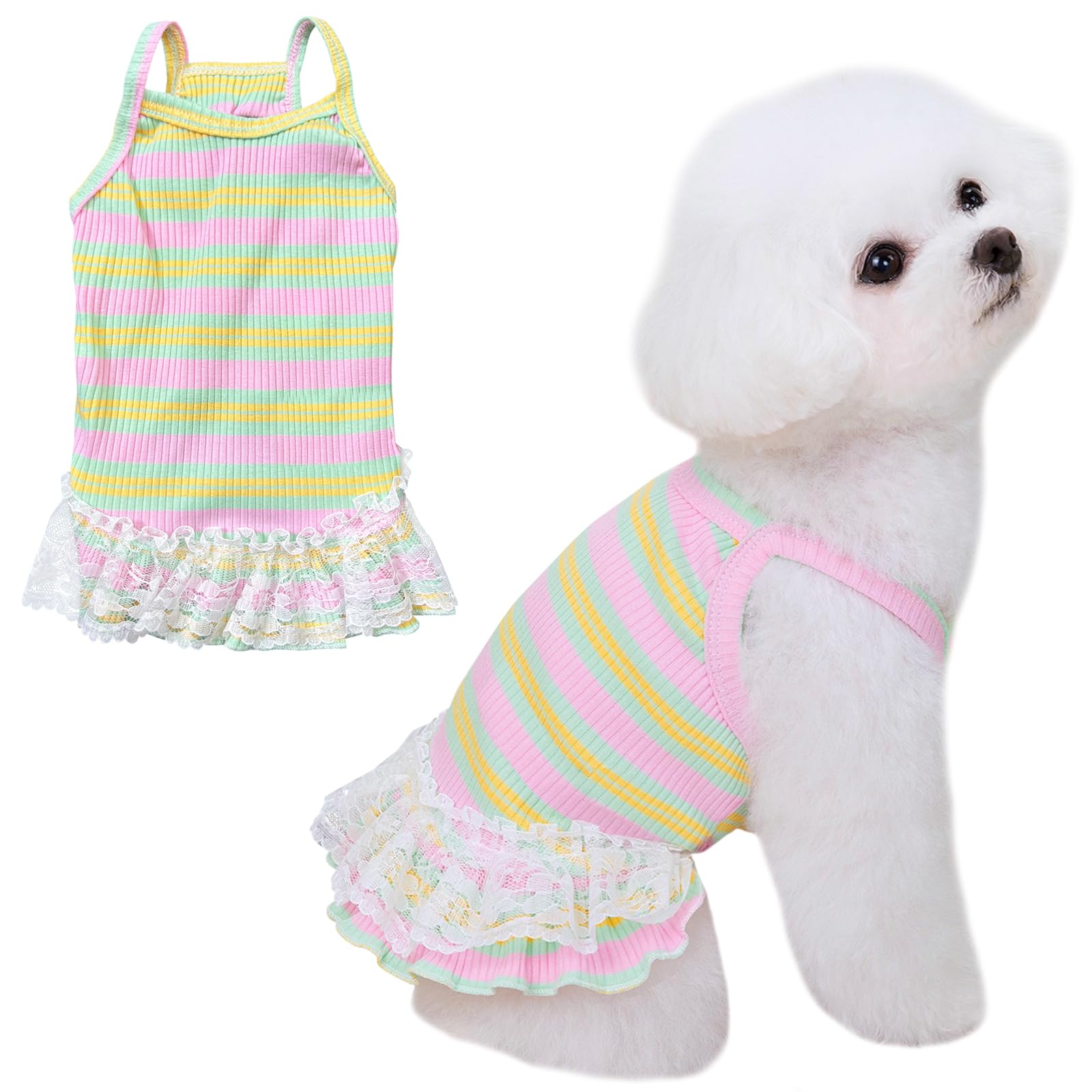 Winmany Dog Summer Clothes Puppy Sleeveless Striped Vest T-Shirt Pet Cat Tutu Skirt Dresses for Small Medium Cat Dog (Yellow, L)