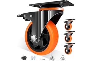 TAYLOON 5 Inch Caster Wheels with Safety Brake 2400Lbs, Heavy Duty Casters Set of 4, Industrial Swivel Casters with Double Ball Bearings, Polyurethane No Noise Wheels for Cart,Furniture(Hardware Kits Include)