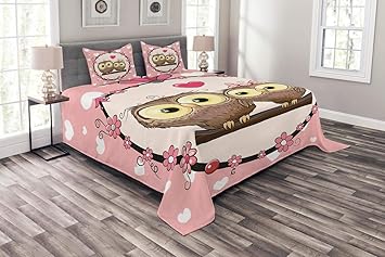 Abakuhaus Eulen Tagesdecke Set, Schöne Paare, die auf Niederlassung, Set mit Kissenbezügen Romantischer Stil, für Doppelbette
