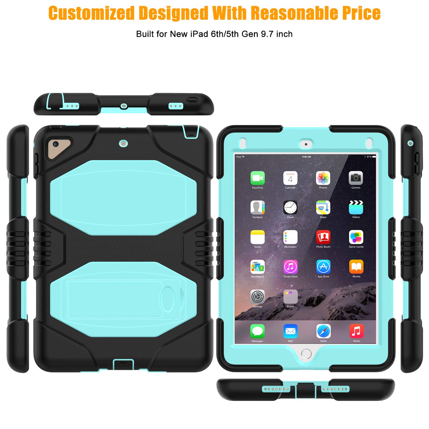 New iPad 9.7 Inch 2018/2017 Case,Heavy Duty Shock-Absorption Rugged Hybrid Protective Case with Kickstand for iPad 9.7 2018/2017 A1893/A1954/A1822,/A1823 (Light Blue)