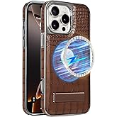 Wibrthz Leather Case for iPhone 16 Pro Max, Luxury Crocodile Pattern PU Leather with Kickstand, Luxury Electroplated Edge Frame Slim Shockproof Stand Protective Cover for iPhone 16 Pro Max(Brown)