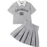 Ecolala Girls 2 Piece Outifit Short Sleeve Graphic Top Polo Shirt and Pleated Skirt Set