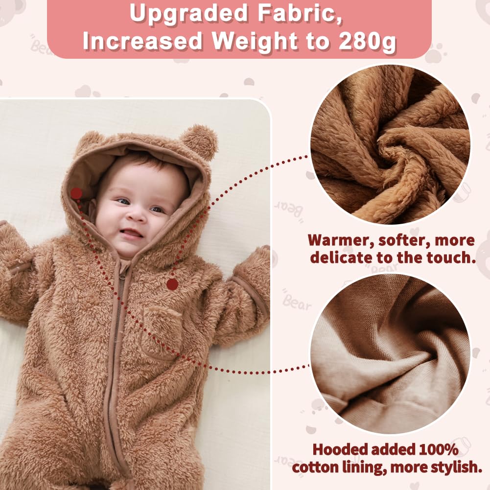 AiWMGL Newborn Baby Bear Outfit With Fold-Over Mittens and Footies Girls Boys Winter Fleece Clothes Hooded Romper Snowsuit