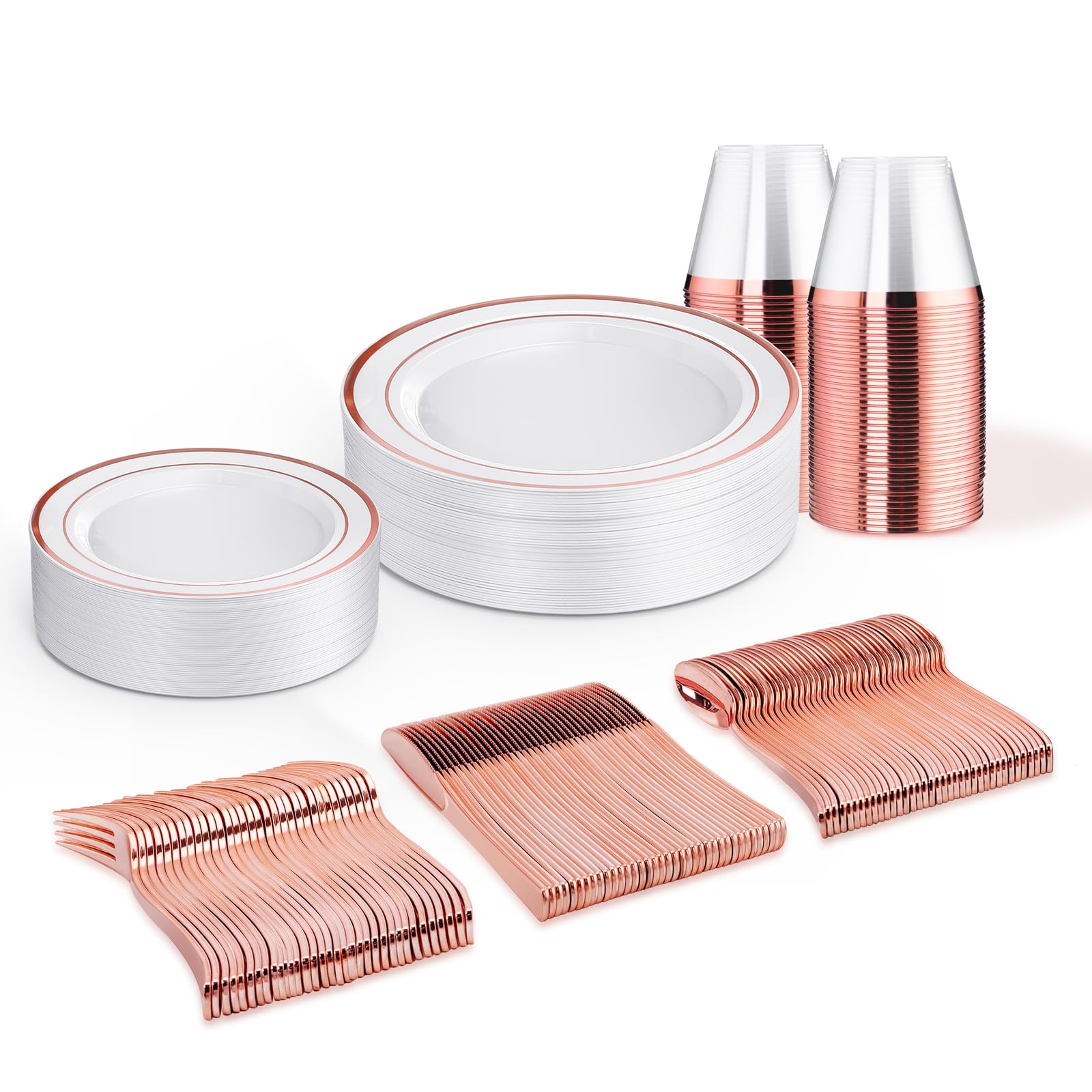 Photo 1 of WELLIFE 150 PCS Rose Gold Disposable Dinnerware Set for 25 Guests, Valentine's Day Plate, 25 Dinner & Salad Plates, Cups, Forks Knives Spoons for Wedding Reception and Mothers Day Plates