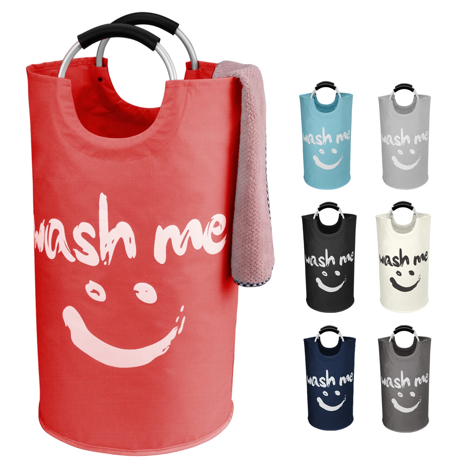 IHOMAGIC 95L Freestanding Laundry Hamper Smile Face Storage Bag Durable Oxford Fabric Clothes Basket Folding Washing Bin with Aluminum Handles, Waterproof Washing Basket for Bedroom College Dorm (Red)