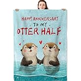 Mniedc Otter Couple Anniversary Blanket, Cute Animal Love Flannel Throw Blankets, 50"x60", Soft Warm Lightweight Fuzzy Cozy Throws for Couch Bed Sofa Decorative Gifts for Valentine Wife Husband, Blue