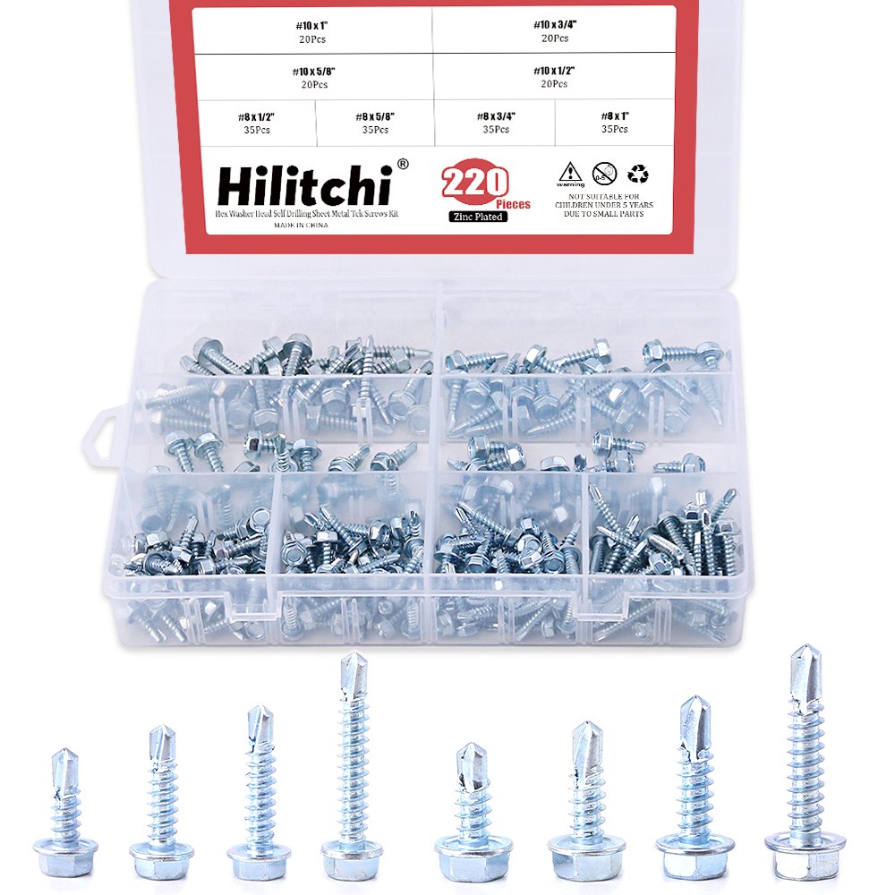 Hilitchi 220-Pieces Zinc Plated Hex Washer Head Self Drilling Sheet Metal Tek Screws Assortment Kit