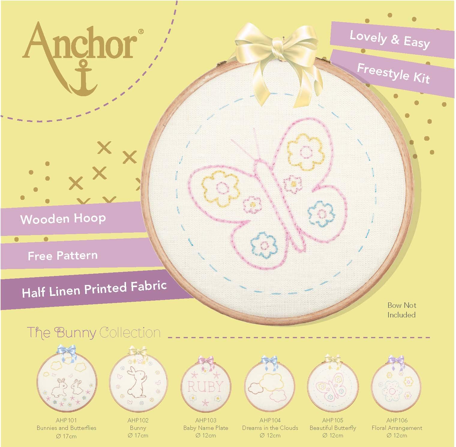 Anchor Embroidery Hoop Kit: Beautiful Butterfly, Cotton, Multi, 12 x 12cm