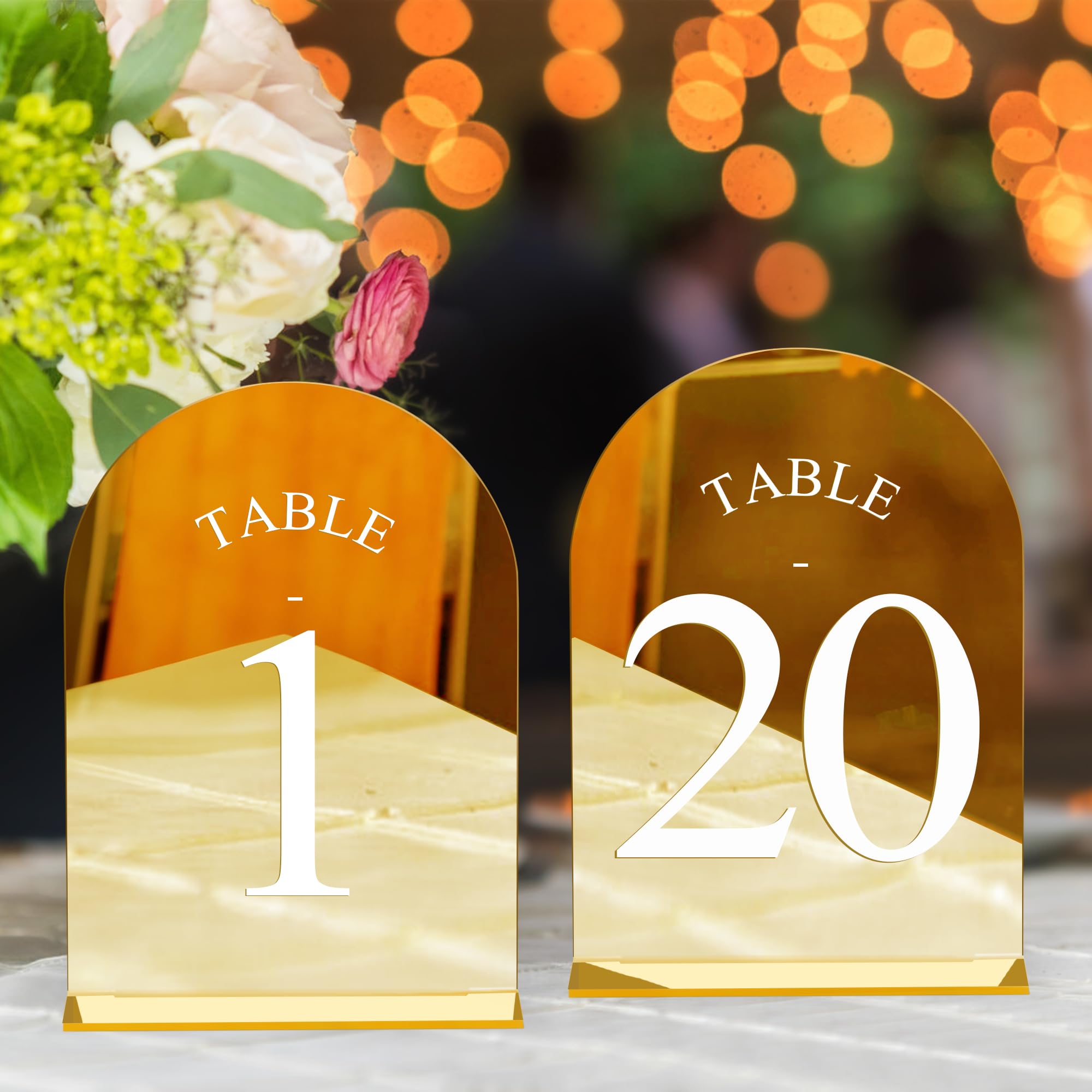 Photo 1 of JOYIT Arch Wedding Table Numbers 1-20 with Stands – 5" X 7" Acrylic Mirrored Gold Table Number Holders, Perfect for Wedding Receptions, Parties, Anniversaries, and Events