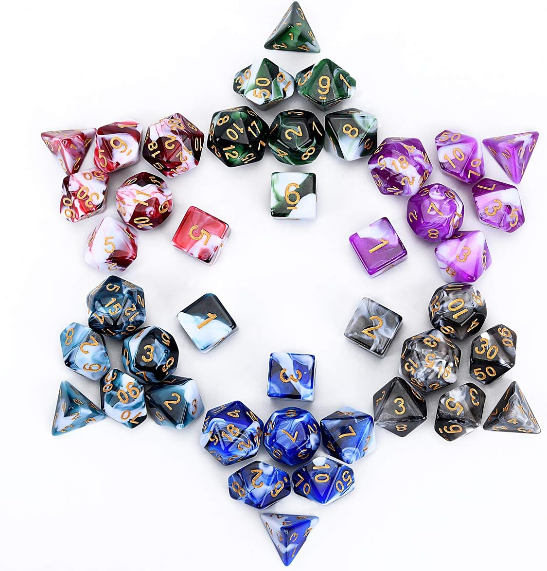 FLASHOWL Polyhedral Dice Set Table Games Dice Pressure Remove 6 Sets Dice 6 x 7 Die Series D20, D12, D10, D8, D6, D4 DND dice DND RPG MTG Double Colors One Piece, 6 Sets with 6 Colors (42 Pieces)