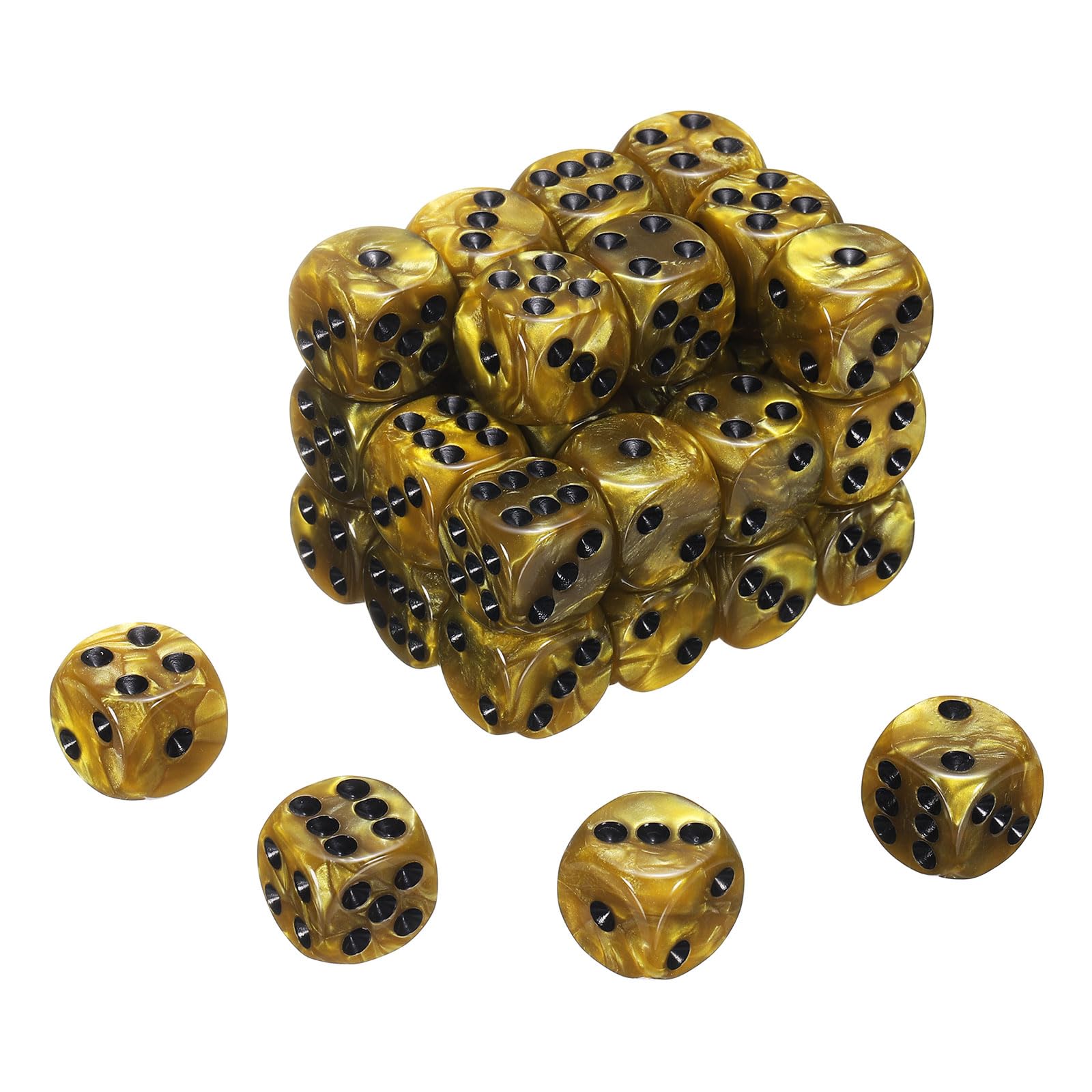 sourcing map 48Pcs 6 Sided Colored Standard Dice, 16mm Acrylic D6 Mini Polyhedral Pearl Pattern Game Dice Set for Table Games, Gold/Black Point โ image 1