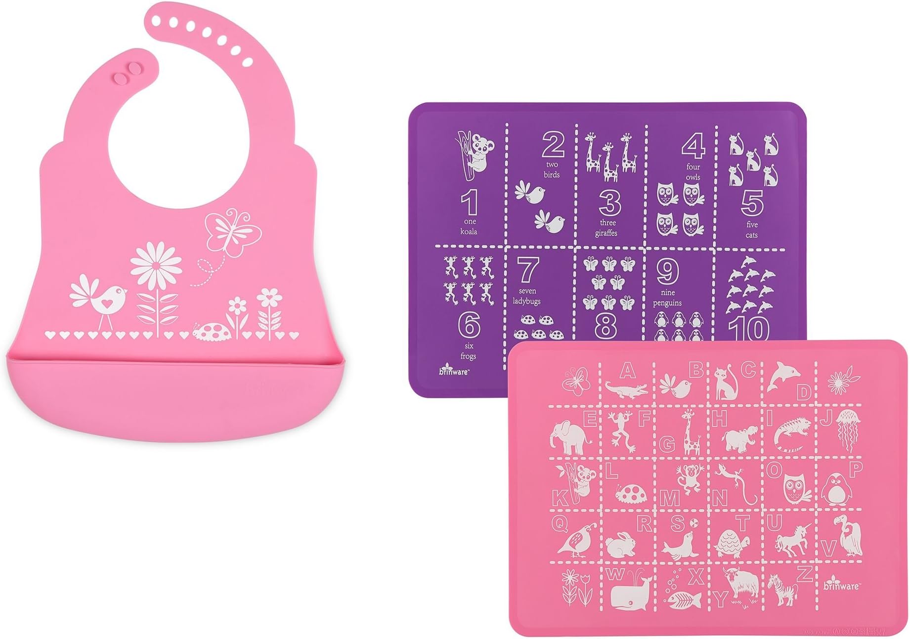 Brinware 'ABC 123' Silicone Placemats and Garden Bib with Pocket Set