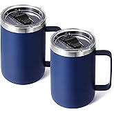Volhoply 16oz Insulated Coffee Mug with Lid and Straw, Stainless Steel Travel Mugs with Handle, Double Wall Vacuum Leak Proof Coffee Tumbler Cup (Navy,2)