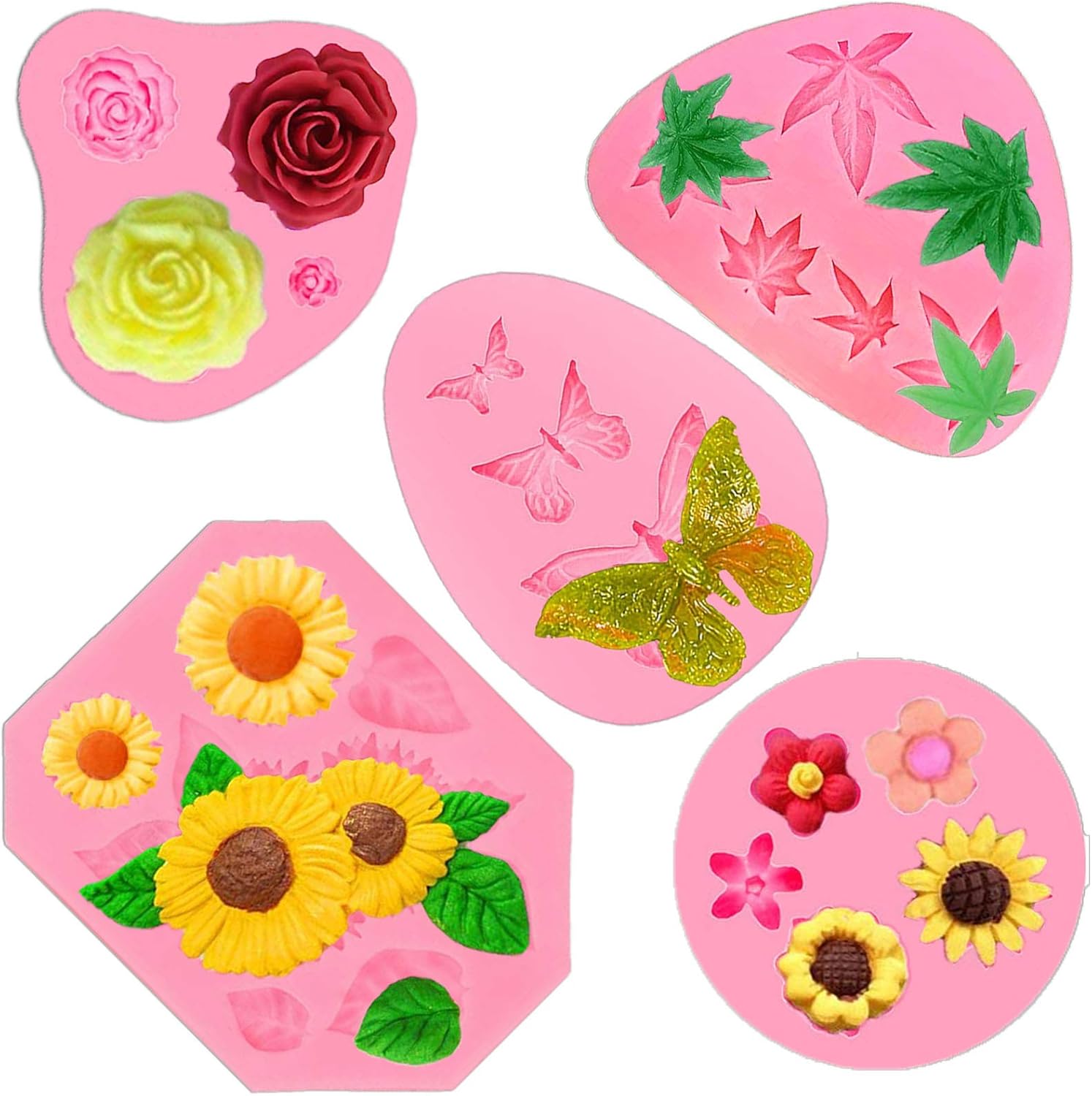 Fondant Molds Silicone,5 Pack Mini Butterfly Mold Flower Mold Weed Leaf Mold Sunflower mold,Pink Polymer Clay Molds, Candy Silicone Molds Set for Chocolate Fondant Clay Soap Crafting Cake Decoration