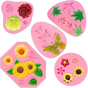 Fondant Molds Silicone,5 Pack Mini Butterfly Mold Flower Mold Weed Leaf Mold Sunflower mold,Pink Polymer Clay Molds, Candy Silicone Molds Set for Chocolate Fondant Clay Soap Crafting Cake Decoration