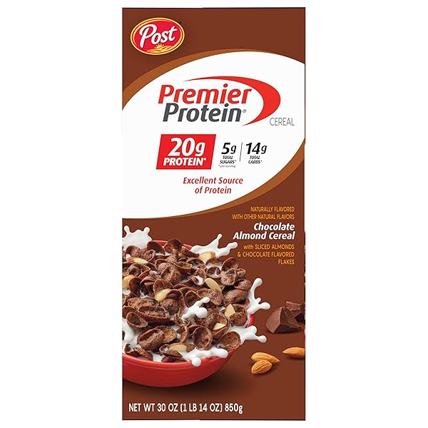 POST PREMIER PROTEIN CHOCOLATE ALMOND CEREAL, CHOCOLATEY PROTEIN CEREAL FLAKES WITH SLICED ALMONDS, CONTAINS 20G OF PROTEIN PER SERVING, 30 OZ BOX