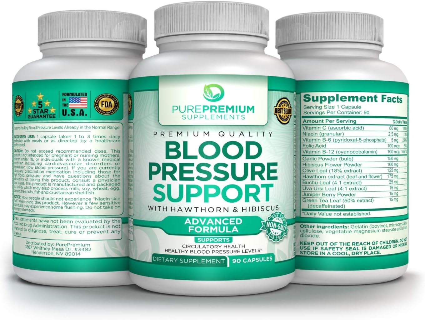 Premium Blood Pressure Support Supplement by PurePremium with Hawthorn & Hibiscus - Natural Anti-Hypertension for Cardiovascular & Circulatory Health - Vitamins & Herbs Promote Heart Health - 90 Caps: Health & Personal Care