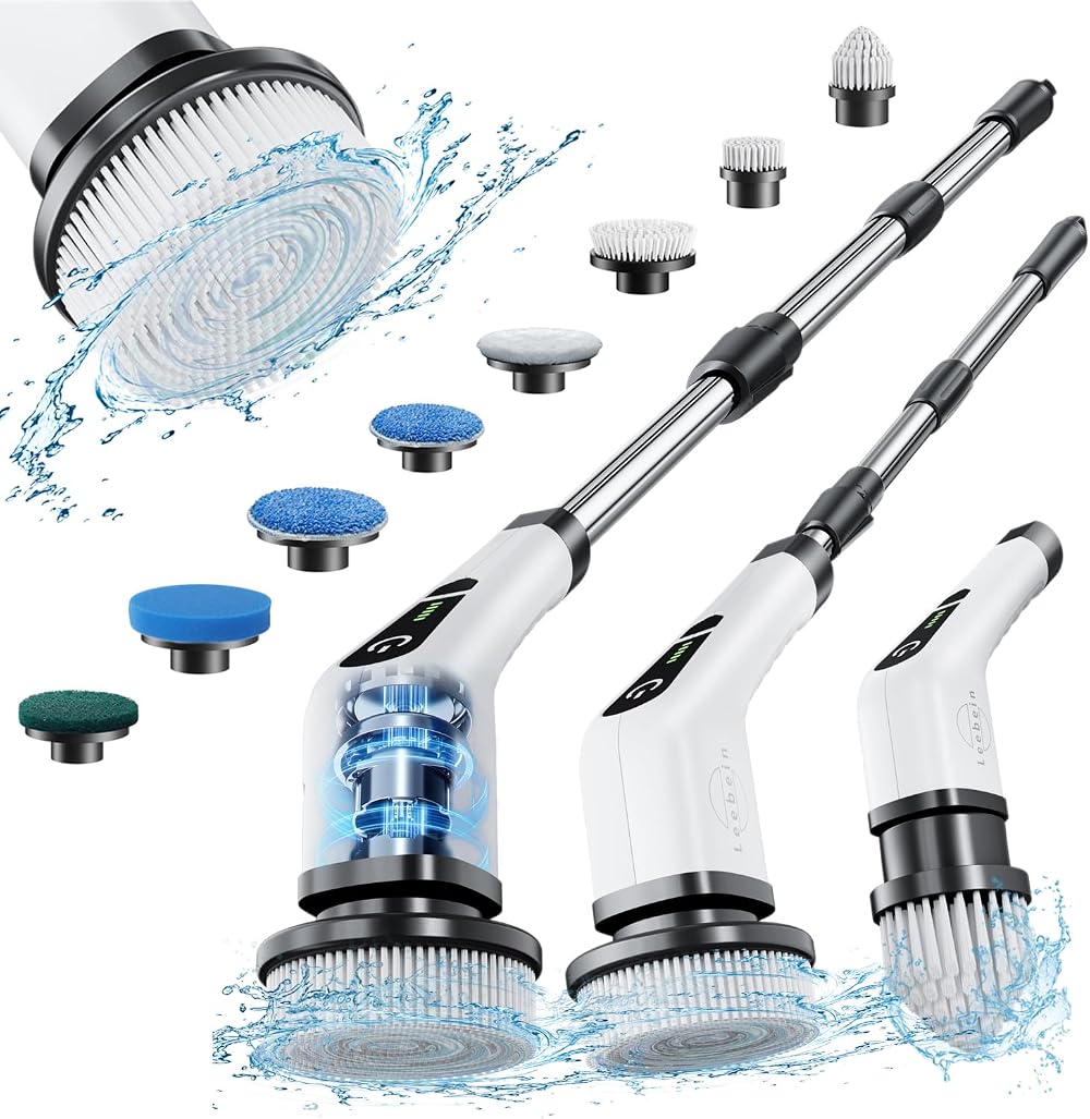 Leebein Electric Spin Scrubber Cordless with 8 Brush Heads 12–54in Extendable