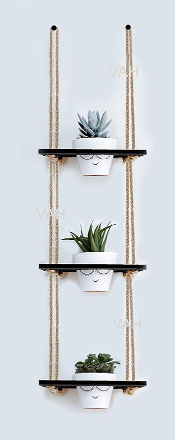 VAH Wood, Jute Rope Flower Pot Rack With Rope, Black