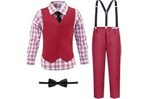 LOPEN STU Boys' Suit Kids Formal Tuxedo Suits for Boys Wedding Outfits Dress Vest Pants Suspenders Set Adjustable Waist