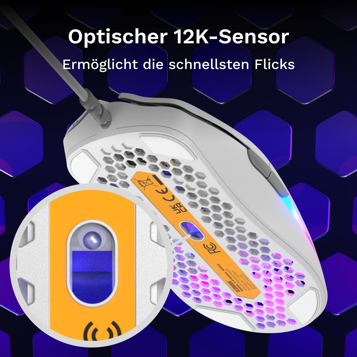 GLORIOUS Model O Eternal ultraleichte RGB-Gaming-Maus – Kabelgebunden – nur 55 g – benutzerdef. RGB-Lichter – 6 programmierbare Tasten – symm. Design – optischer Sensor mit 12 K DPI – PC/Mac – Weiß 6