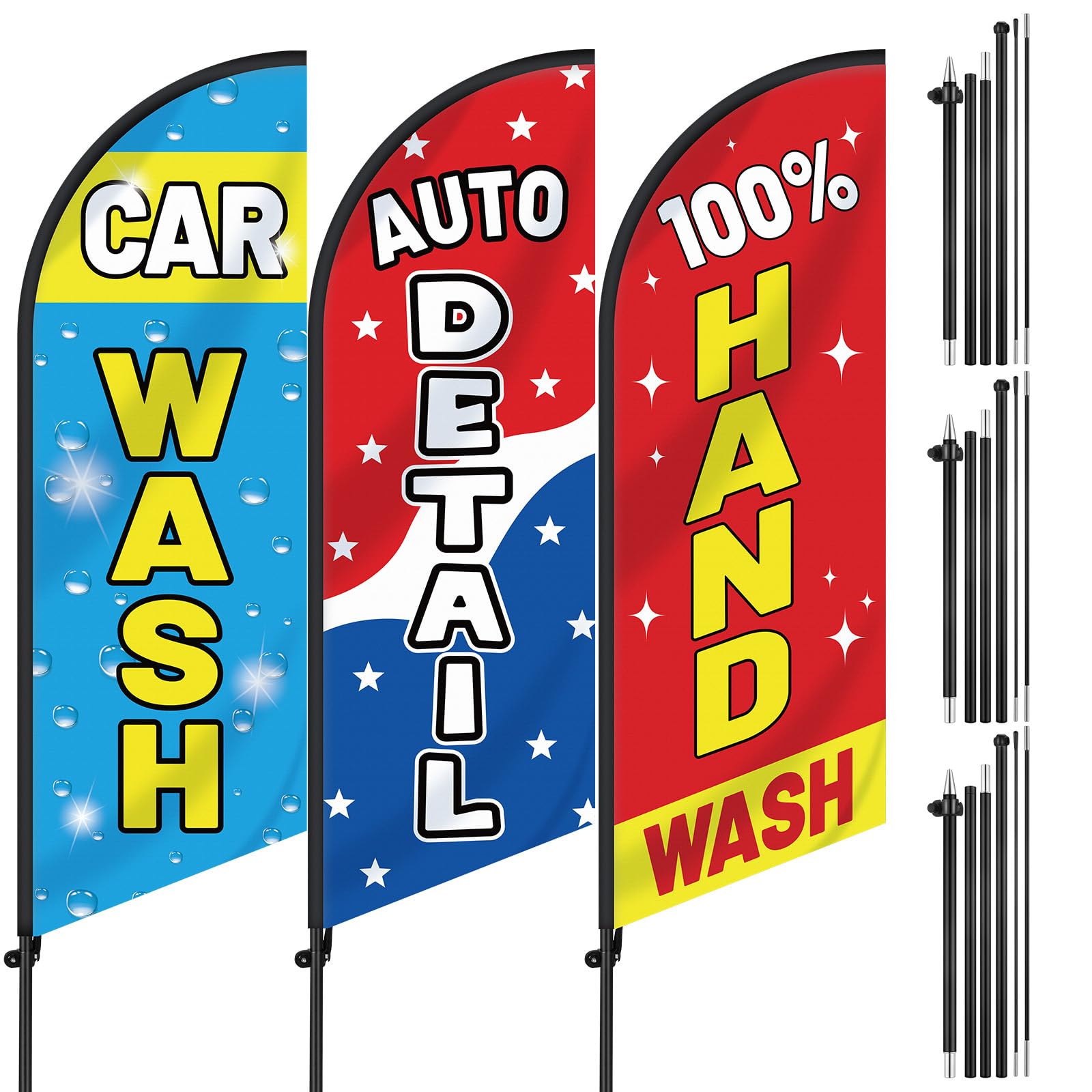 Photo 1 of SmoothNovelty 3 Pcs Car Wash Sign Car Wash Flags Feather Flag Banner Auto Detail Hand Wash Sign Feather Advertising Flag with Pole Kit Weatherproof Polyester Flag for Business Advertising
