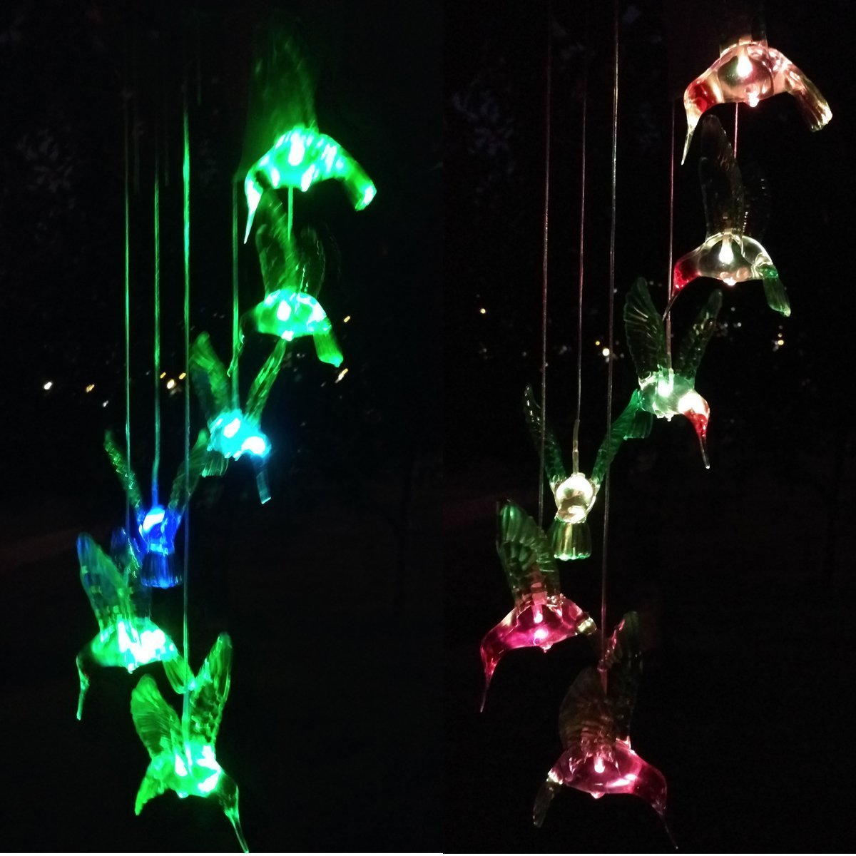 MEIO Color-Changing LED Solar Mobile Wind Chime LED Changing Light Color Waterproof Six Hummingbird Wind Chimes For Home Party Night Garden Decoration