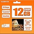 Kaisnvxs eSIM for Europe Travel for 30 Days - 12GB 4G High Speed Network Prepaid eSIM in 36 Europe Countries, QR Code Activation, Tethering Allowed, Data ONLY, No Voice/SMS (12GB)