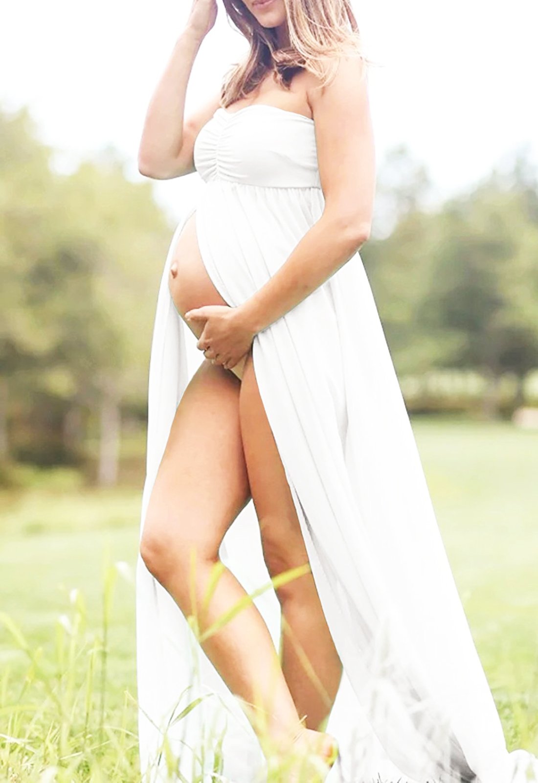 Gititlys Split Front Ruched Tube Top Sleeveless Long Sexy Pregnant Dresses for Photo Shoot Baby Shower Wedding Special Occations White