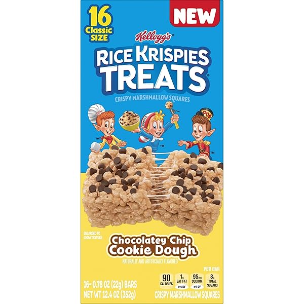 RICE KRISPIES TREATS MARSHMALLOW SNACK BARS, LUNCH SNACKS, CHOCOLATEY CHIP COOKIE DOUGH, 12.4OZ BOX (16 COUNT)