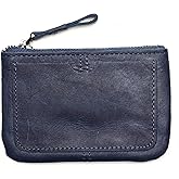 Genuine Leather Coin Purse Pouch for Women Men Vintage Cowhide Grain Leather Slim Mini Wallet Metal Zipper with Real Leather handle (Dark Blue)