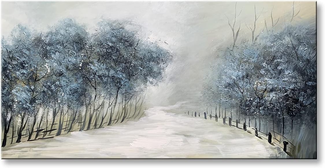 Paintings - AIANHUA Winter Snow Landscape Wall Art Hand Painted Blue Tree Oil Painting Countryside Nature Artwork