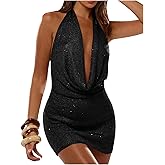 Floerns Women's Y2k Going Out Backless Sexy Halter Dress Draped Cowl Neck Sparkly Sequin Party Bodycon Mini Dresses